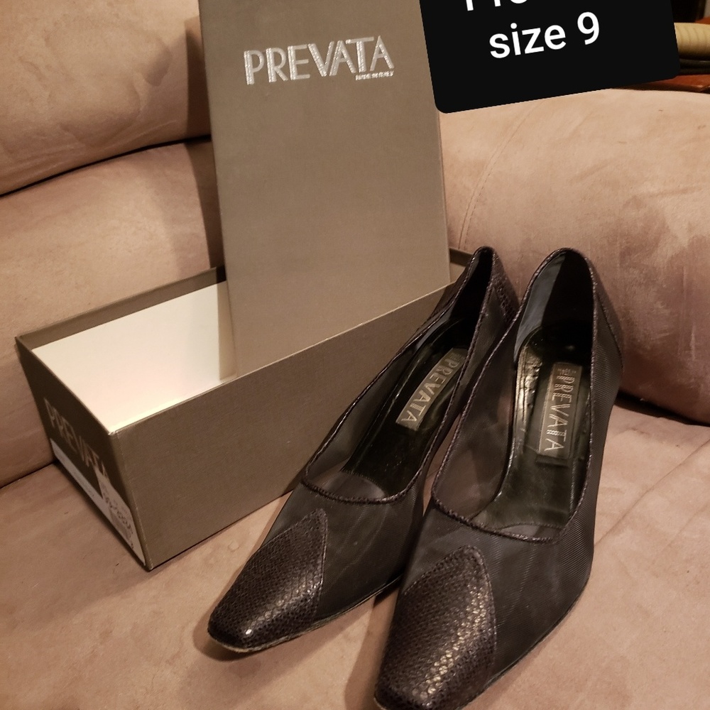 Prevata 1 inch heels black mesh and snakeskin